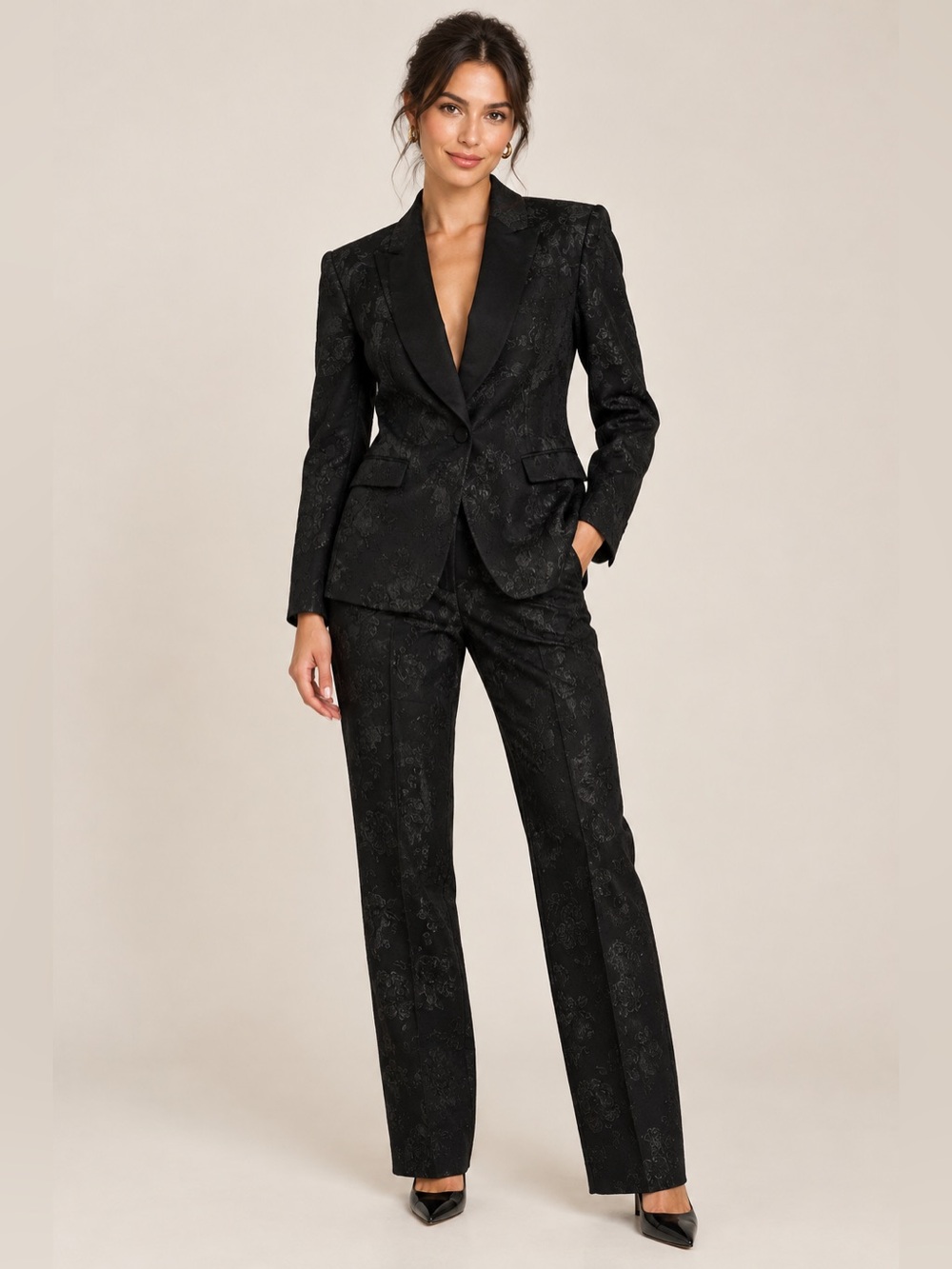 Black Floral Jacquard Women's Black Suit Set Pants & Blazer Medium 6 8